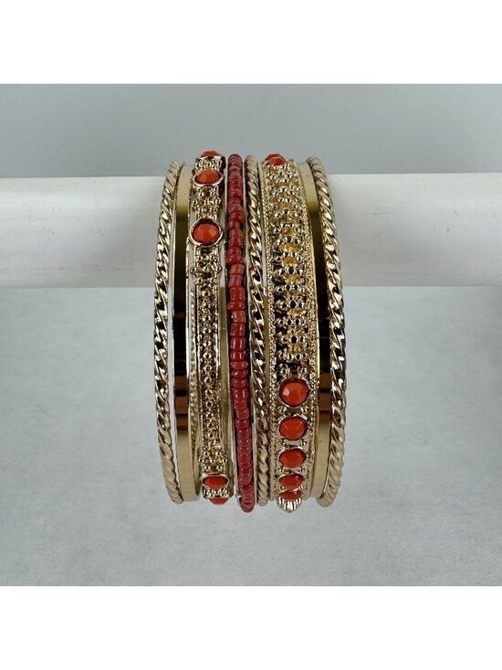 Unbranded Jewelry - 8 pc Coral Bangle Bracelet Set Gold-tone Stackable Textured Beaded Accents 2.5"